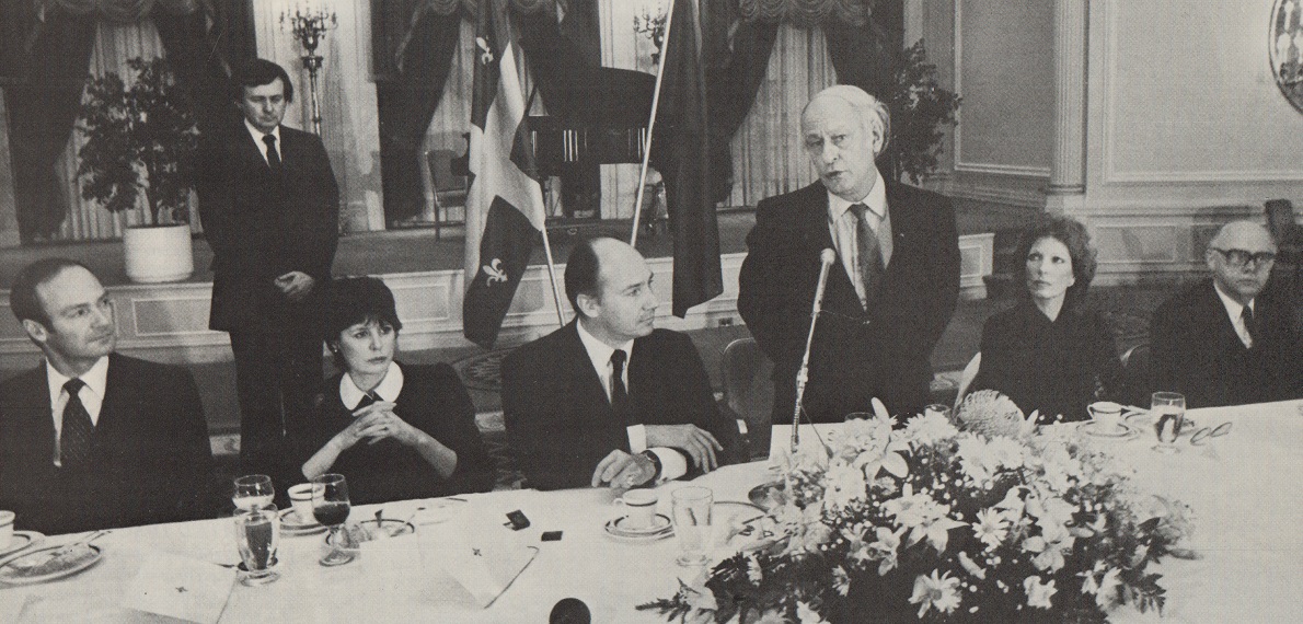 Premier René Lévesque speaking in Montreal during the Aga Khan's Silver Jubilee visit to Montreal.