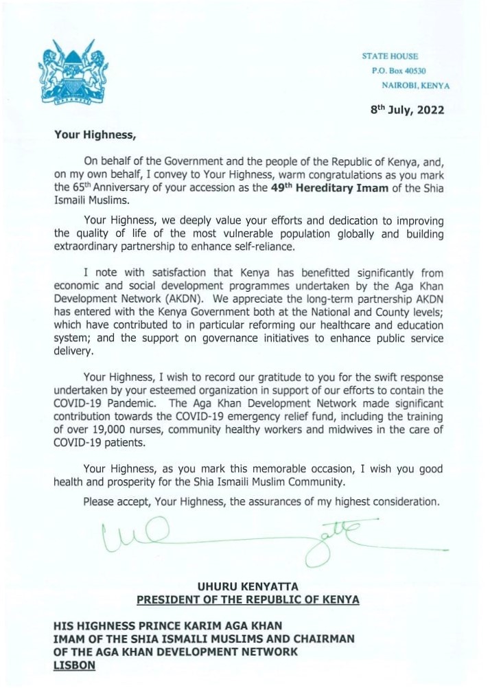 President Uhuru Kenyatta's message to His Highness the Aga Khan