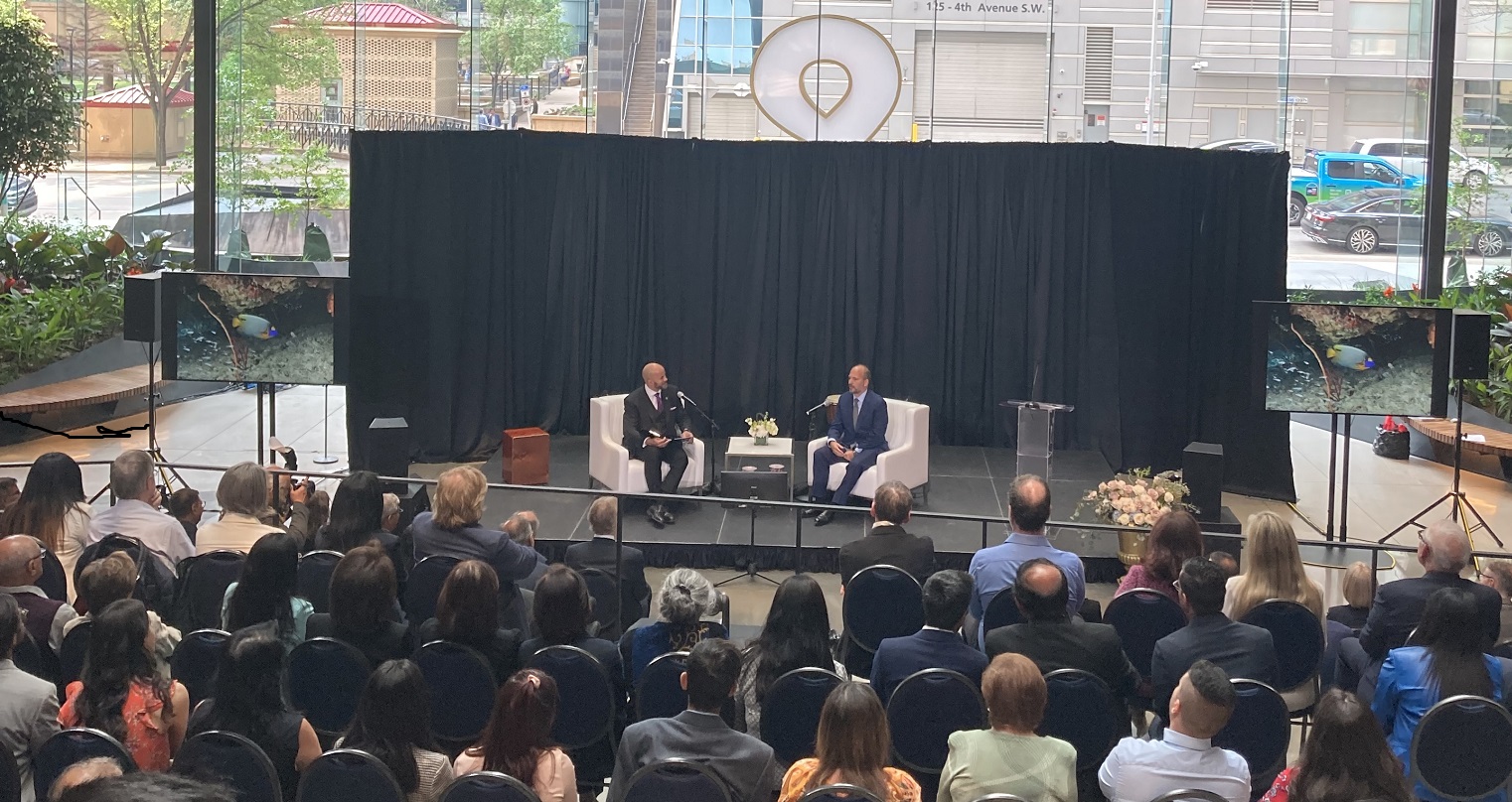 University of Calgary's Chancellor has a chat with Prince Hussain Aga Khan during a special event hosted by the University at The Ampersand to celebrate the Prince's exhibition The Living Sea - Fragile Beauty that continues at Glenbow at the Edison until May 21, 2023.
