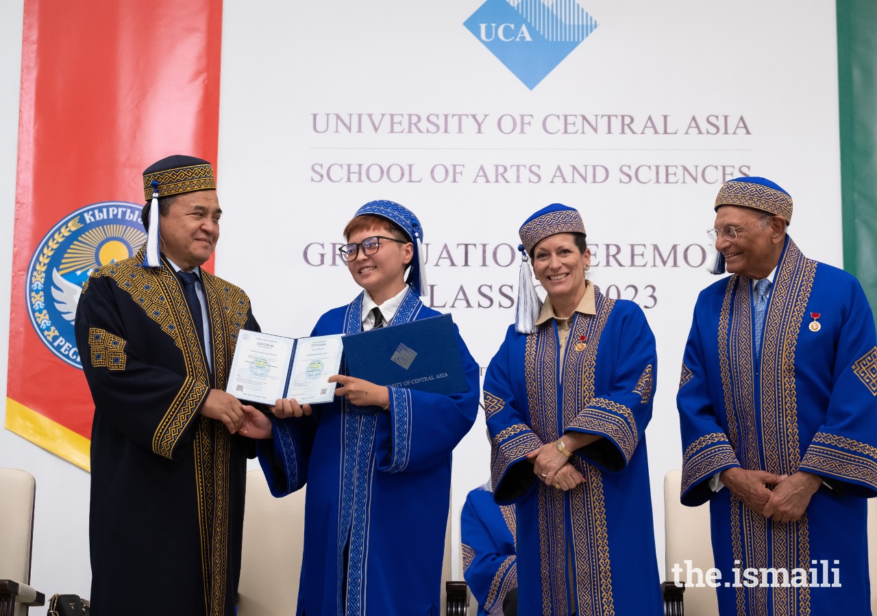 UCA graduates collect degrees in Naryn, Kyrgyzstan, on stage Princess Zahra Aga Khan