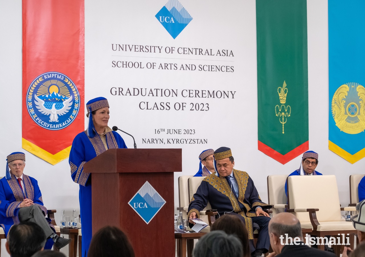 Princess Zahra Aga Khan addresses the audience at UCA’s convocation ceremony in Naryn, watched by graduands in Khorog and well-wishers around the world; June 16, 2023. Barakah news