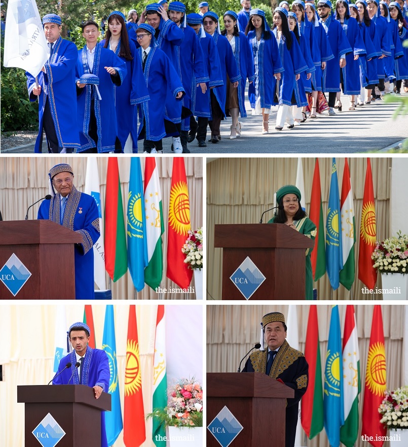 Top row: Students make their way towards the graduation hall at UCA’s Naryn campus; centre row: Shamsh Kassim-Lakha, Chairman of UCA's Board of Trustees, welcomes graduands and guests to UCA's third convocation ceremony and Anita Zaidi, President of the Gender Equality Division at the Bill & Melinda Gates Foundation, delivers the keynote address; bottom row: Class of 2023 valedictorian, Wajahat Khan, delivers remarks from the ceremony in Khorog and Kanybek Imanaliev, the Minister of Education and Science for the Kyrgyz Republic, addresses guests in Naryn. Collage by Barakah. Photographs: AKDN/Alimzhan Zhorobaez.