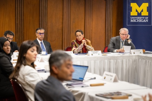 Members of the delegation from the Aga Khan University— including (L to R) Sulaiman Shahabuddin, President of AKU; Princess Zahra Aga Khan; and Carl Amrhein, Provost of AKU—listening to presentations by researchers from the University of Michigan at the Michigan League.