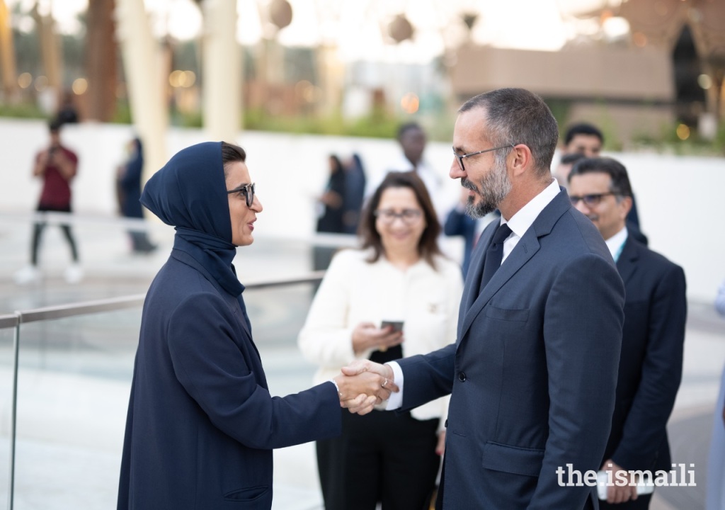 Prince Rahim is greeted at COP28 in Dubai by Her Excellency Noura bint Mohammed Al Kaabi, Minister of State at the UAE Ministry of Foreign Affairs, Barakah, News