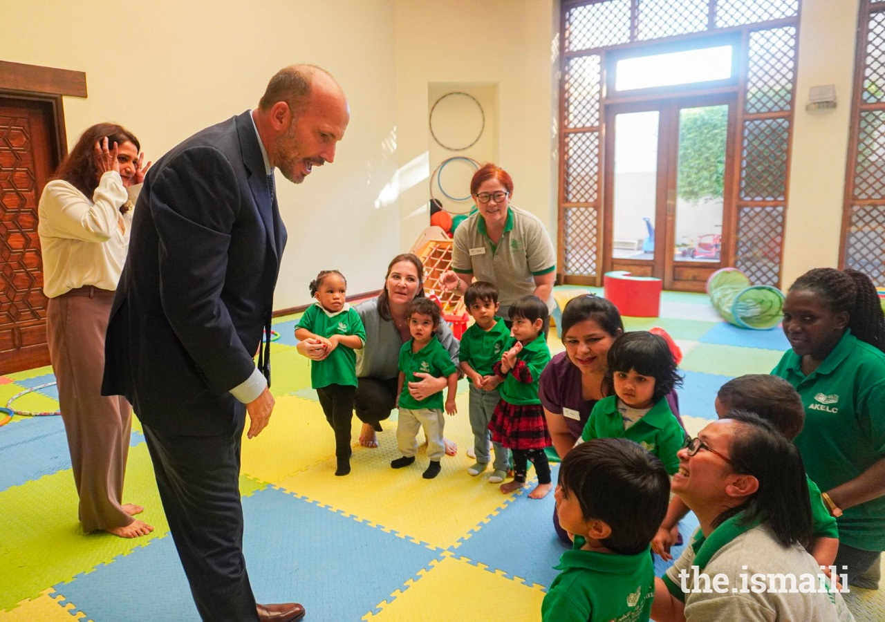 Prince Hussain Aga Khan meets with children and staff of the Aga Khan Early Learning Centre in Dubai. Photograph: AKDN.