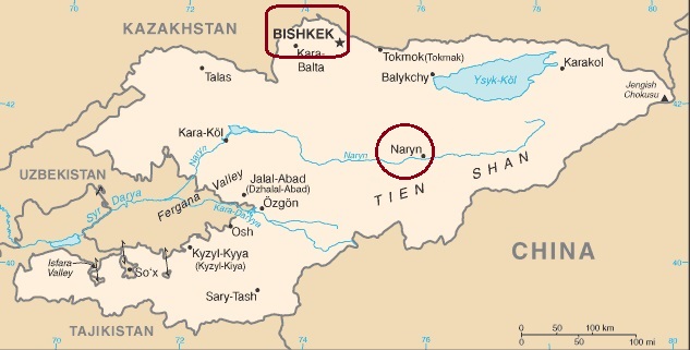 Map of Kyrgyzstan showing the capital Bishek (rectangle) and Naryn, the location of the University of Central Asia (rounded). Annotated by Barakah. Map: Perry-Castañeda Library, University of Texas at Austin.