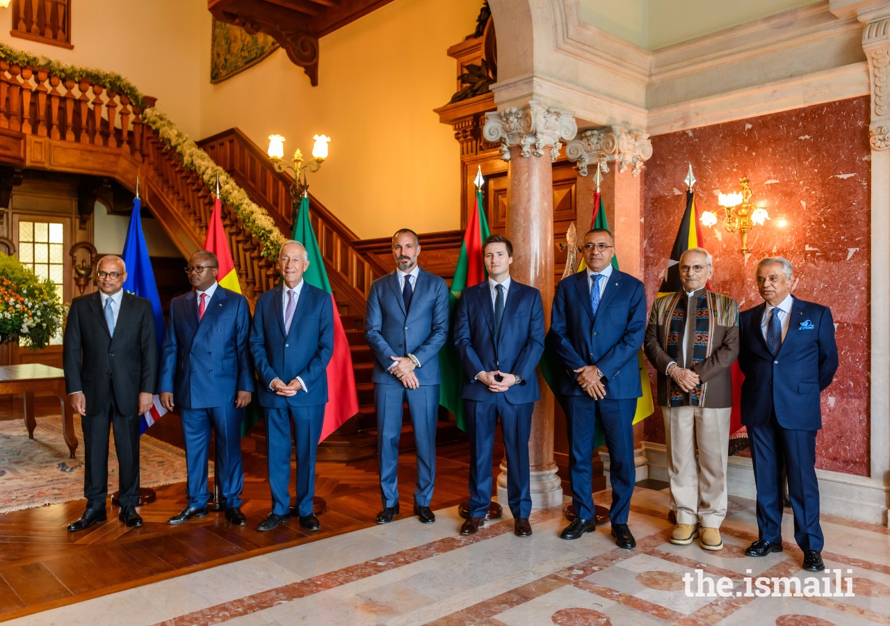 (L to R): Their Excellencies Presidents José Maria Neves of Cabo Verde, Umaro Sissoco Embaló of Guinea-Bissau, Marcelo Rebelo de Sousa of Portugal, Prince Rahim, Prince Aly Muhammad, Carlos Manuel Vila Nova of Sao Tome and Principe, José Ramos-Horta of Timor-Leste, and Nazim Ahmad, Diplomatic Representative of the Ismaili Imamat to Portugal at the reception hosted on April 24, 2024, at the Diwan of the Ismaili Imamat in Lisbon,