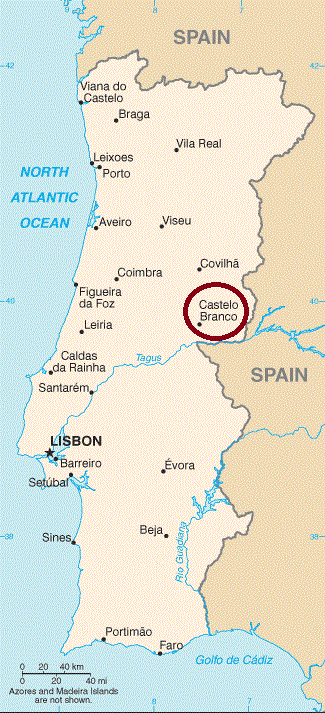 Map of Portugal, with Castelo Branco in Central Portugal,